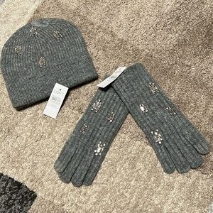 LOFT grey knit hat and gloves with rhinestones, NWT!